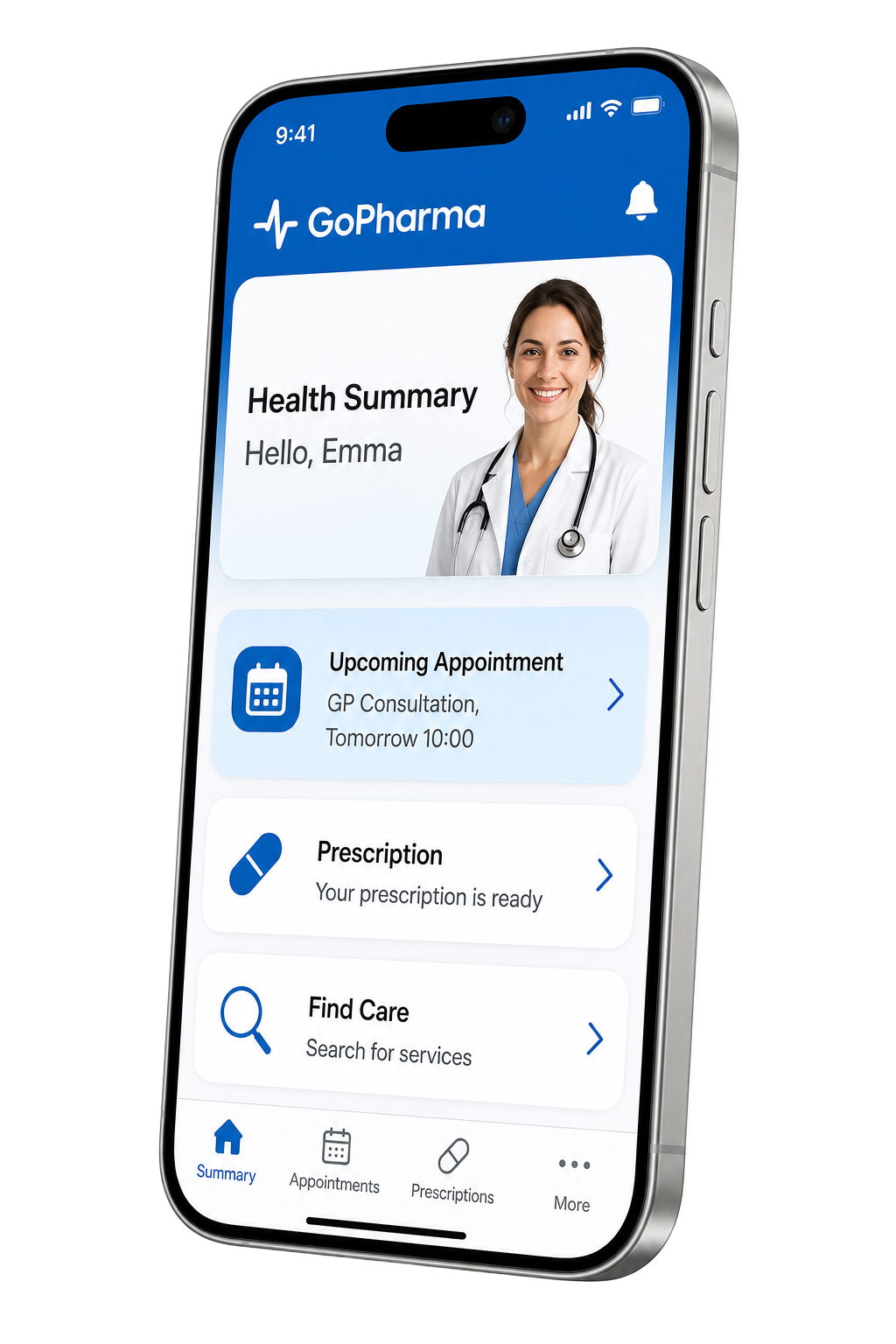 GoPharma mobile app — prescriptions, appointments and care coordination